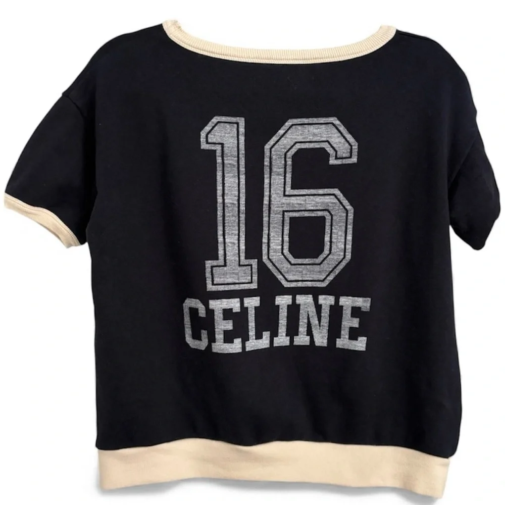 Celine Deep Blue Cotton Cashmere Crewneck Short-Sleeve Shirt "16" Logo - Picture 2 of 7
